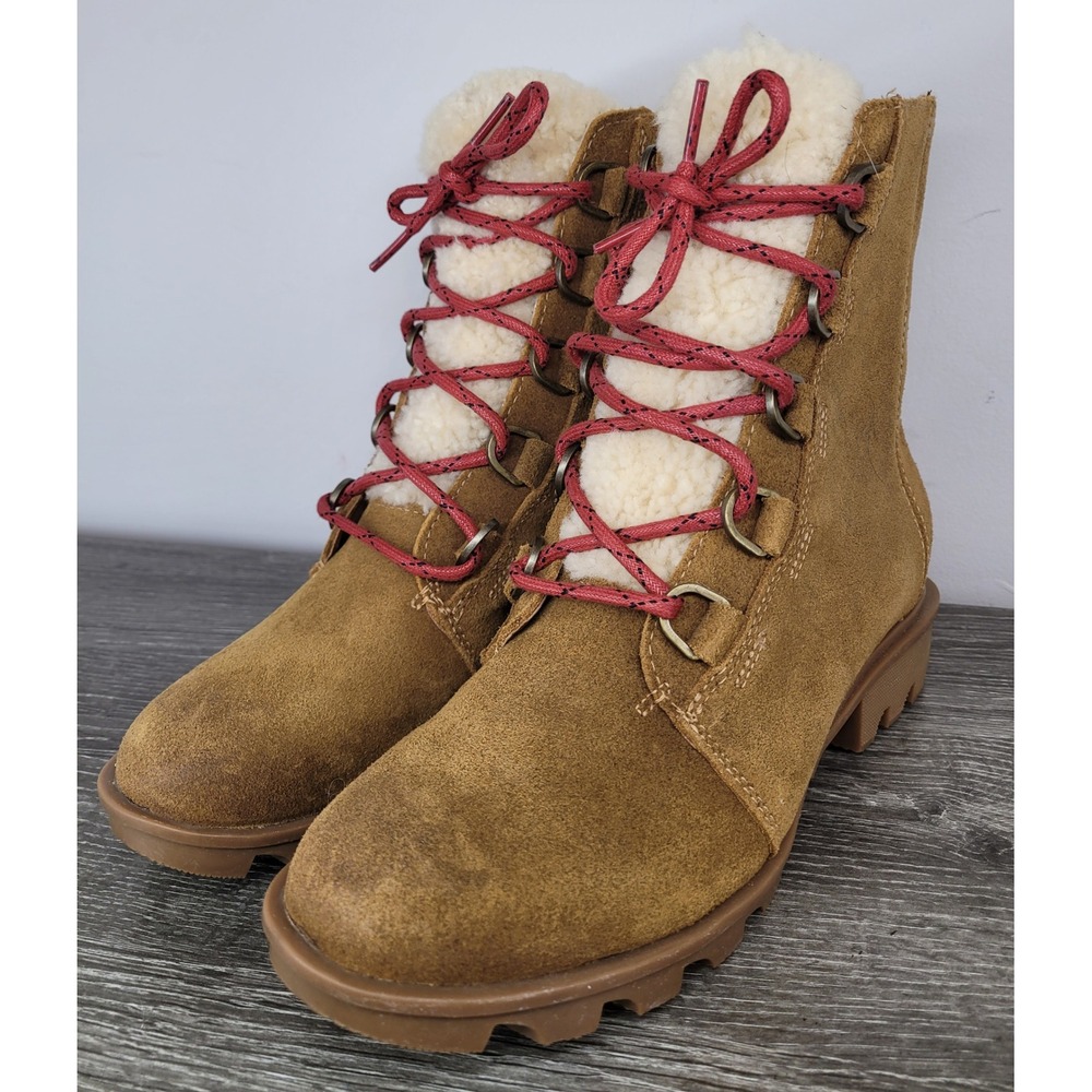 Sorel Lennox Lace Waterproof Boots Suede Shearling Camel Brown Women 9 US- NWOT